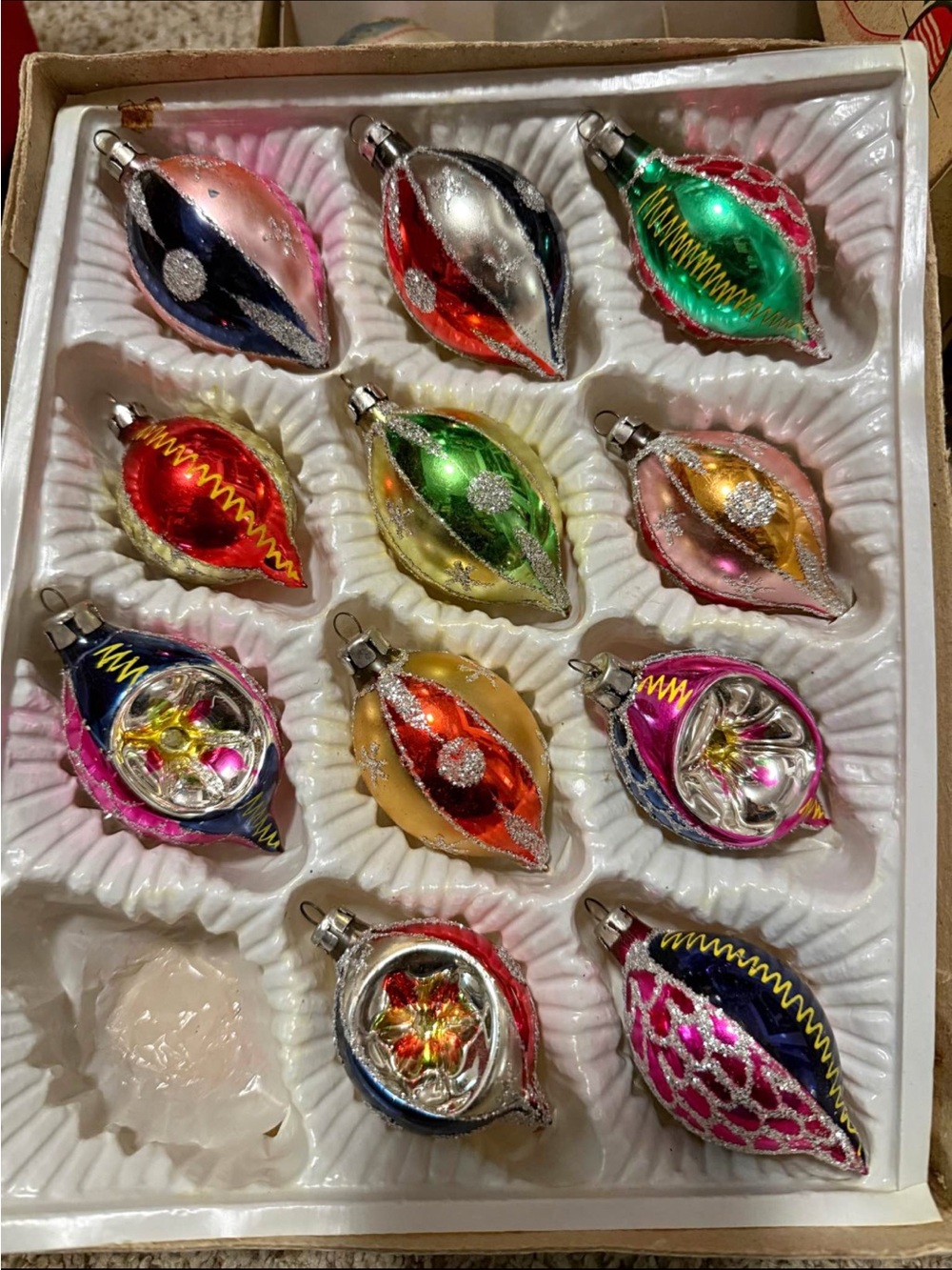 Set of 11 European indent hand painted glitter vintage Christmas ornaments
